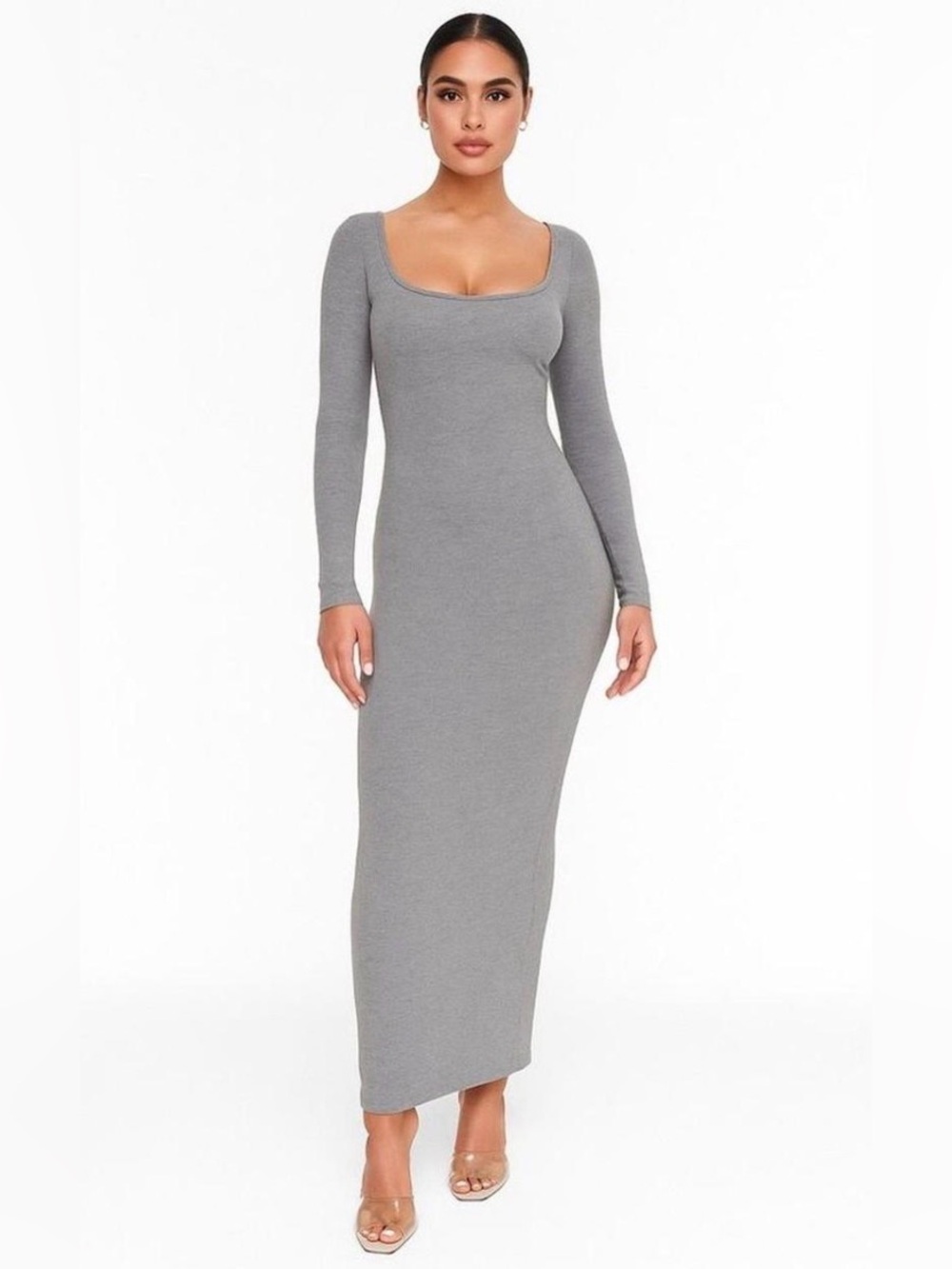 Skims Women's Soft Lounge Long Sleeve Square Neck Ribbed Dress - Gray - Small